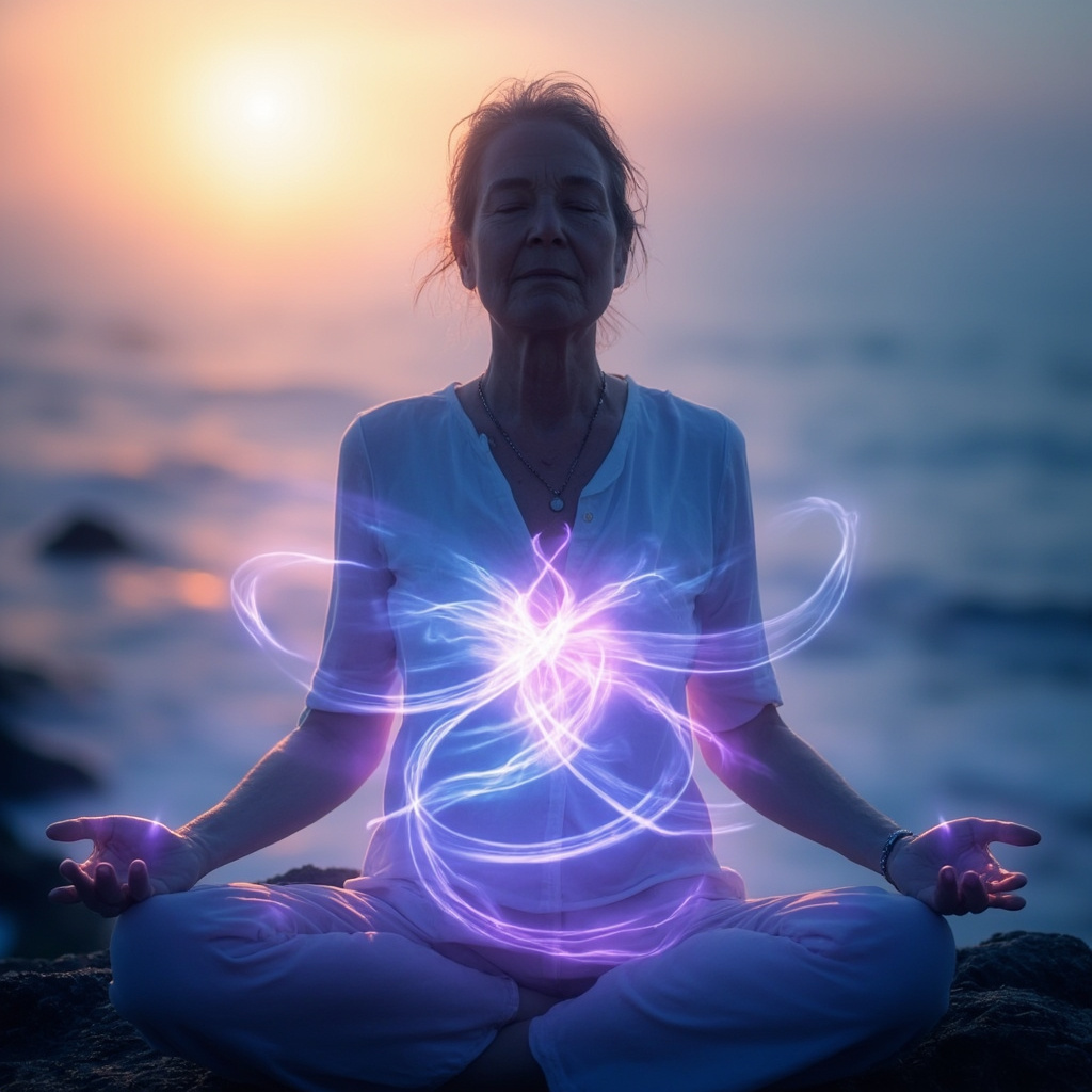 Serene woman in her 50s meditating peacefully at dawn, soft glowing energy waves around her hips, abdomen, and heart, calming blue and purple tones, symbolizing menopausal emotional balance and inner harmony