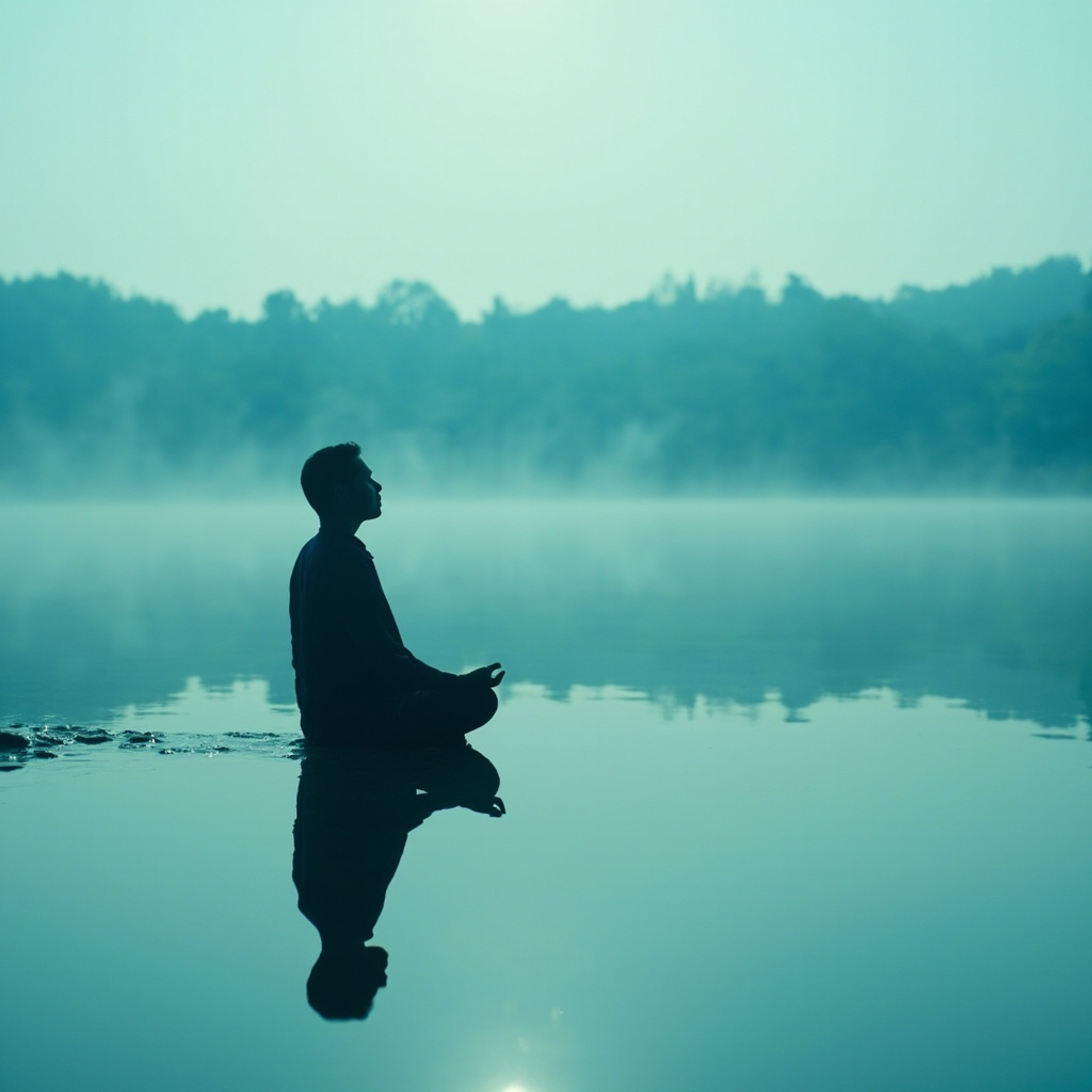 Serene person meditating by calm lake at dawn, soft blue-green tones, symbolizing inner peace and body-mind balance, realistic style.