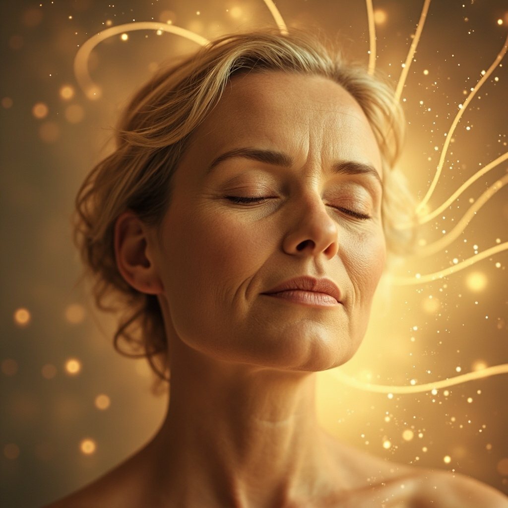 Serene middle-aged woman in soft lighting, eyes closed in meditation, with gentle glowing energy lines around her head, neck, and face symbolizing emotional clarity and hormonal balance during menopause.