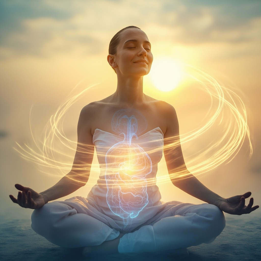 A serene woman in meditative pose at dawn, with soft swirling energy waves calming around her heart and abdomen, in pastel blues and warm golds, symbolizing emotional and digestive balance during menopause