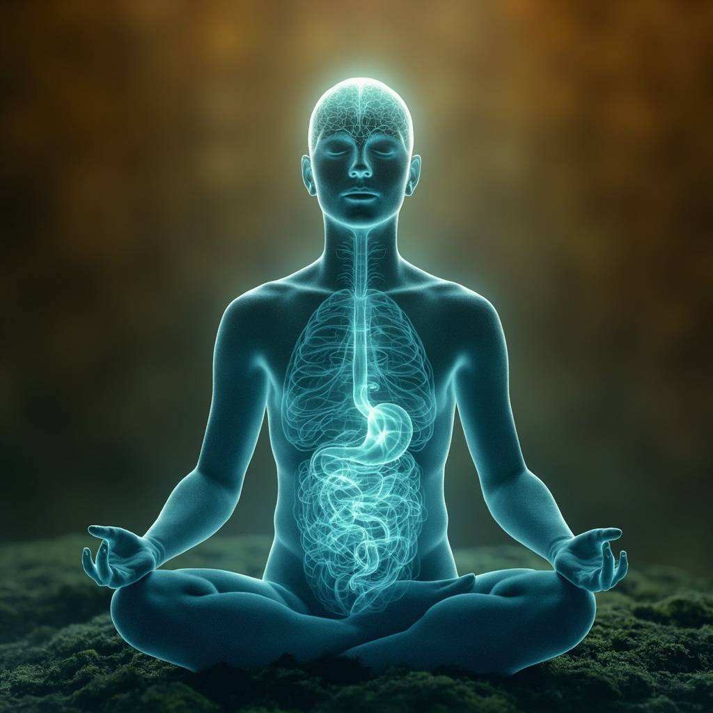 Serene human silhouette with soft glowing lines connecting the gut area to the brain, in calming blues and earth tones, symbolizing emotional balance and mind-gut harmony.