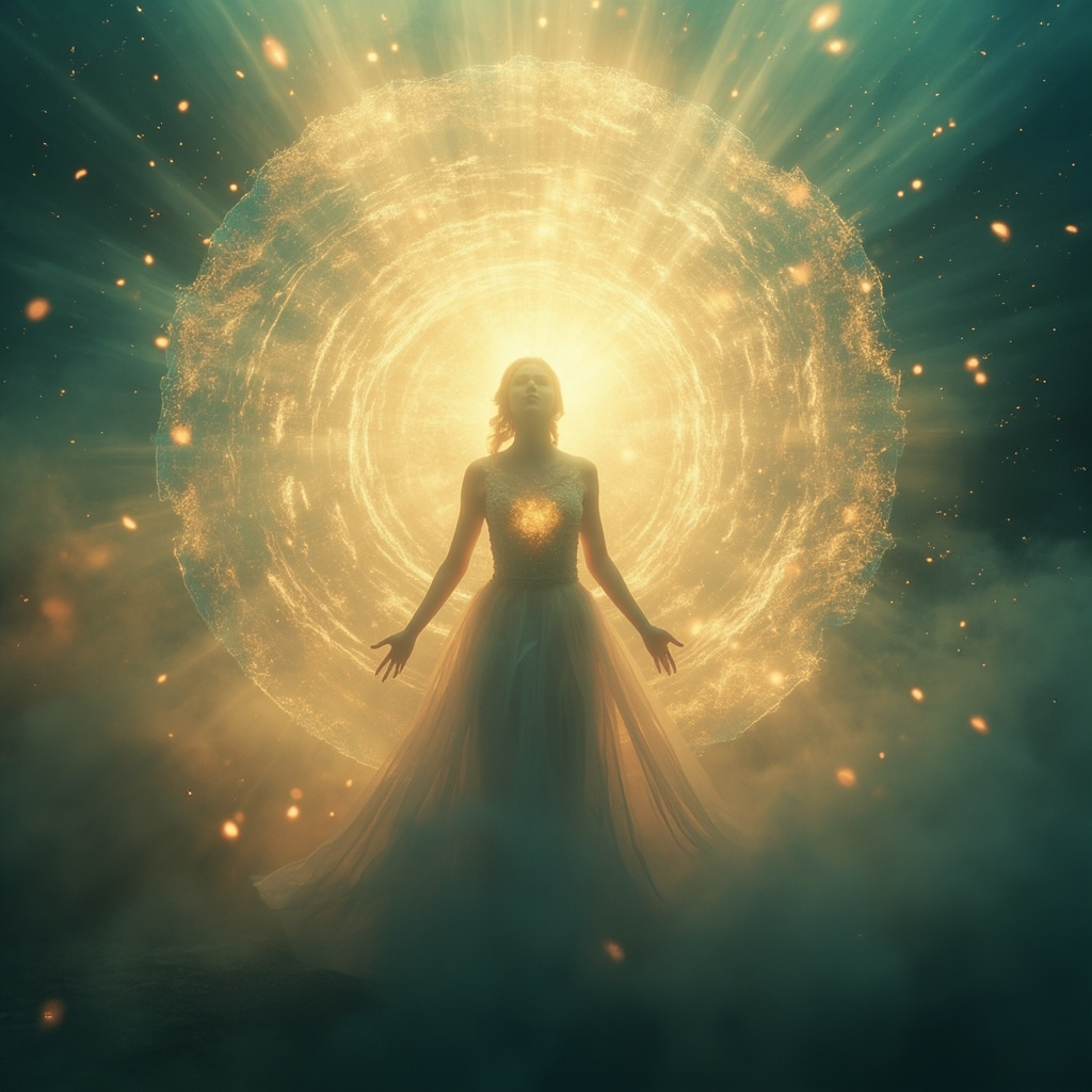 Ethereal silhouette of a person with a radiant protective shield emanating from the heart, symbolizing immunity as a psychic guardian, in soft blue and golden light, serene and harmonious atmosphere.
