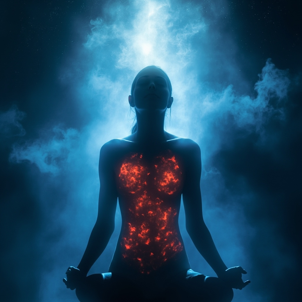 Serene silhouette of a woman with soft glowing energy releasing from tense shoulders, lower abdomen, jaw, and uplifting from the crown of her head, fading red hive-like patterns on skin into calm blue light, symbolizing emotional healing from stress-induced urticaria