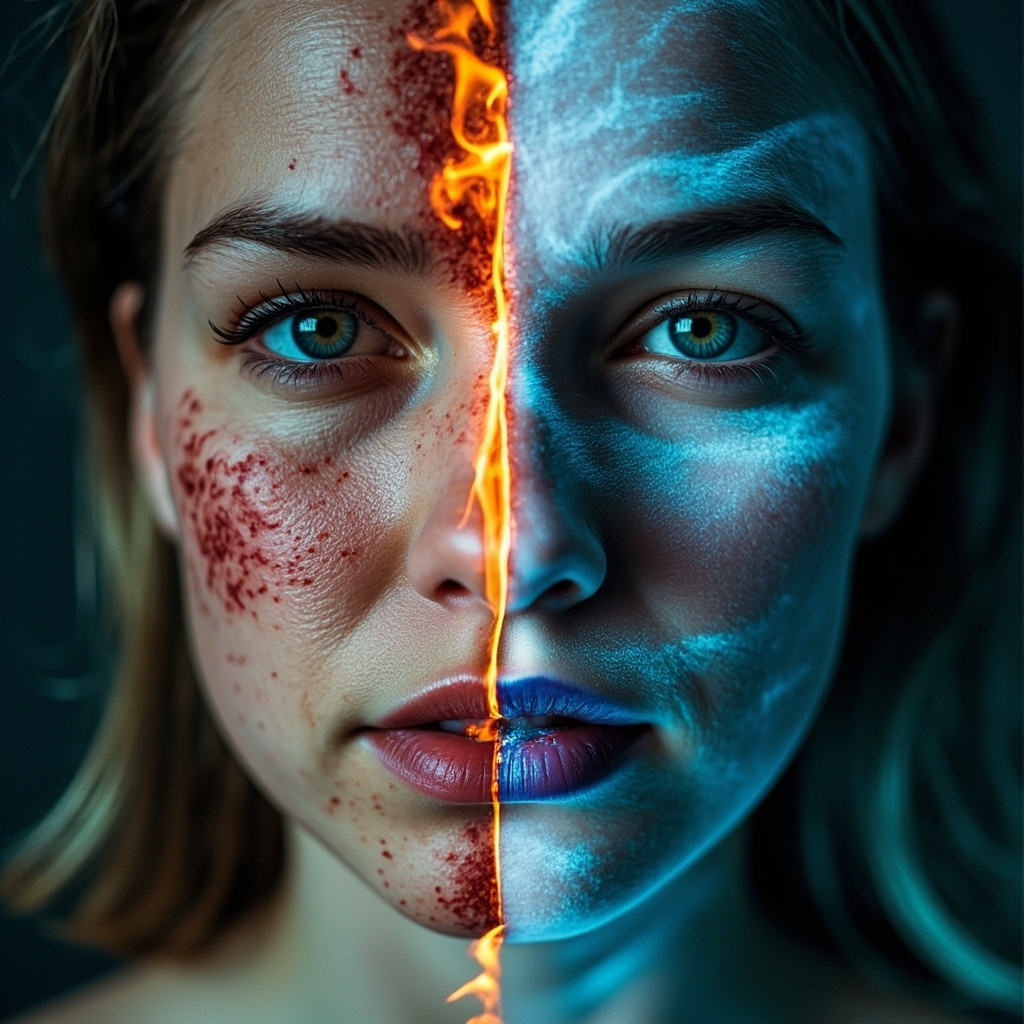 A ethereal mirror dividing a face: left side shows red itchy hives with subtle flames underneath, right side smooth glowing skin with calming blue waves, symbolizing emotional healing from stress to harmony