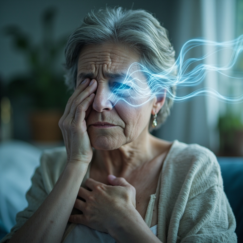 A thoughtful woman in her 40s rubbing itchy eyes and holding her chest anxiously, with glowing blue energy waves linking nose, skin, and brain in a harmonious balance, soft natural light, serene background.
