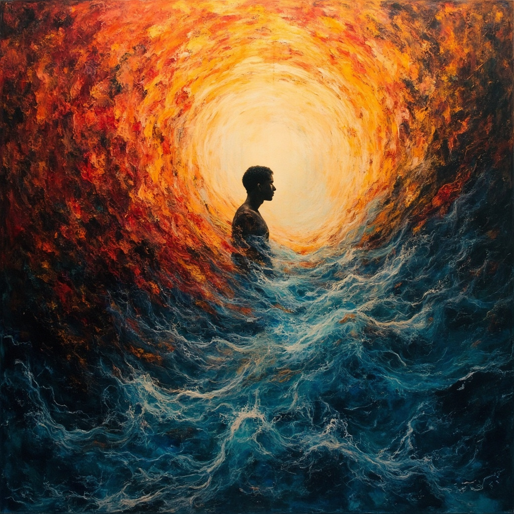 Abstract artwork showing red, inflamed skin hives transforming into serene blue waves, with symbolic Jungian elements like a shadowy figure emerging from fire into light, soft ethereal style