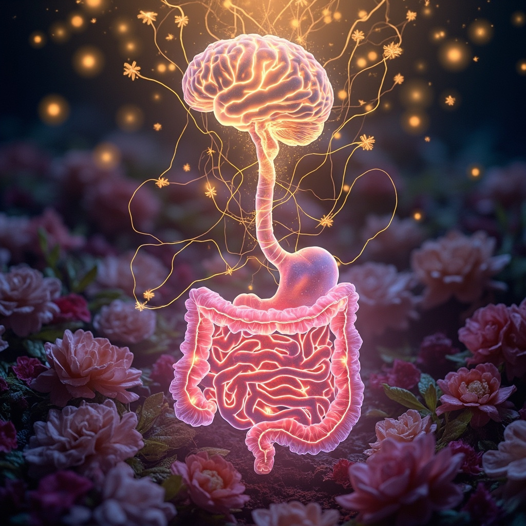 Serene digital art of gut-brain connection: glowing intestines with subtle pink slime mold patterns transforming into harmonious flora under golden frequency waves, linking to a calm brain via neural pathways, soft healing light.