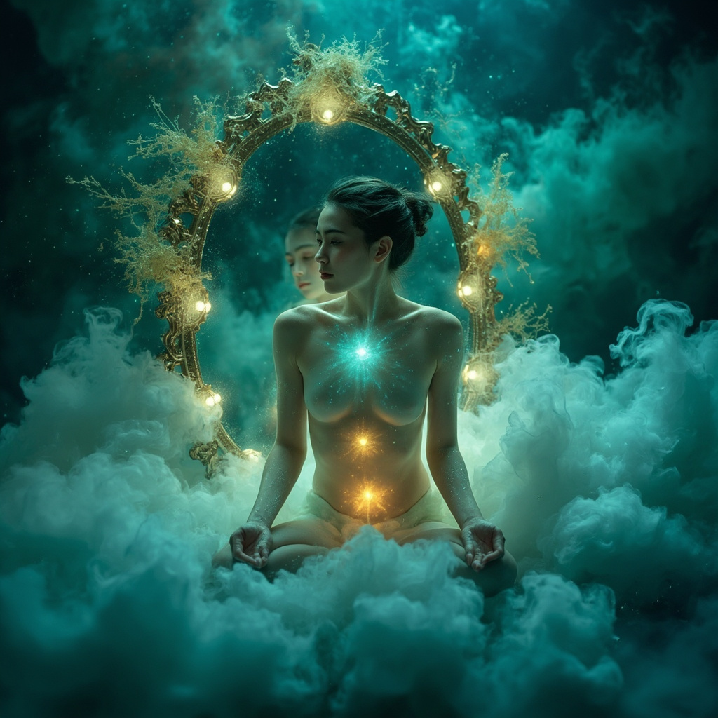A mystical mirror reflecting a serene human figure with subtle glowing energy points on the throat, stomach, wrists, elbows, and face; surrounded by soft swirling patterns of pollen transforming into calm emotional waves, in tranquil blue and green hues.