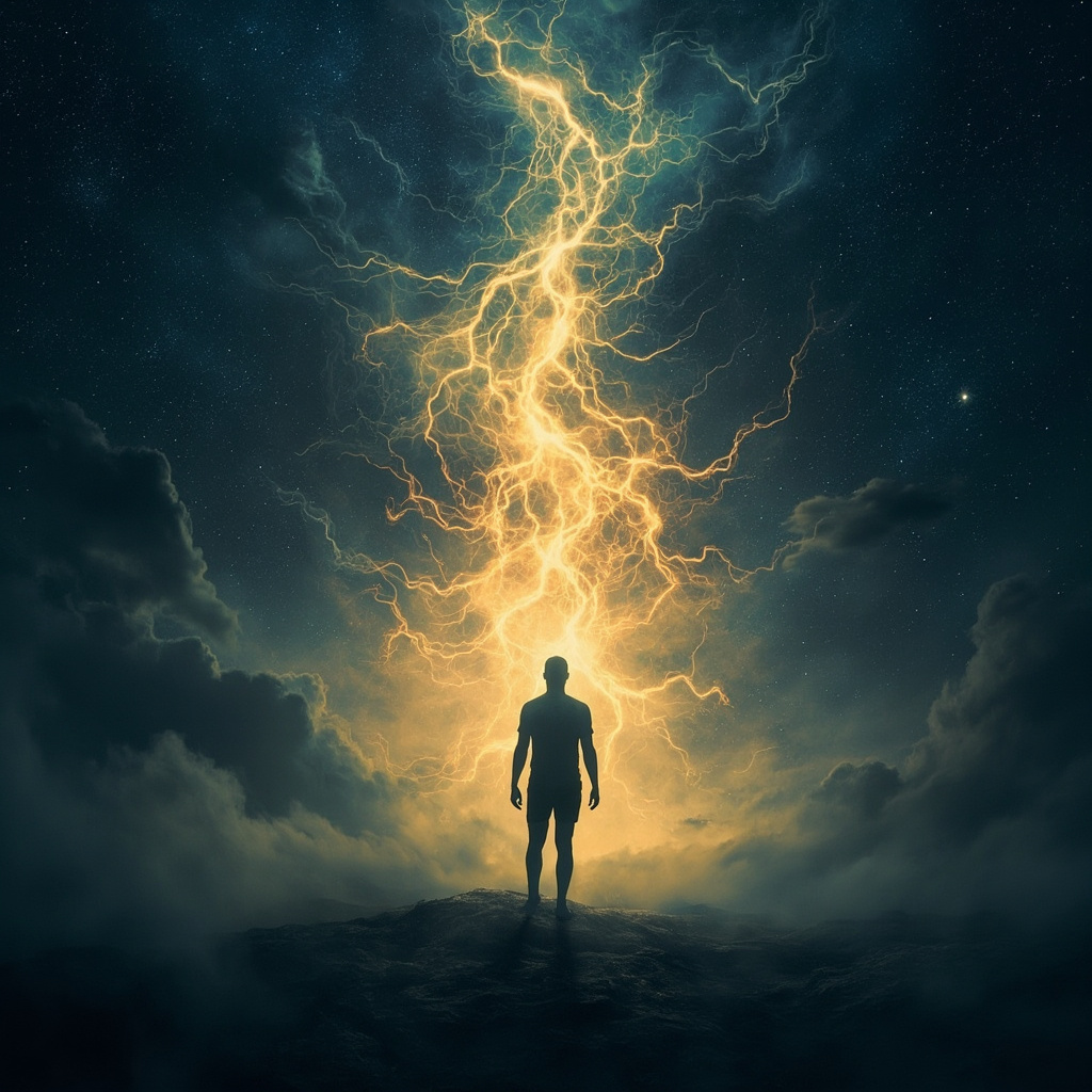 Symbolic artwork of a human silhouette with glowing energy pathways, shadows of fear transforming into light of emotional balance, serene blue and gold tones, Jungian dreamlike style