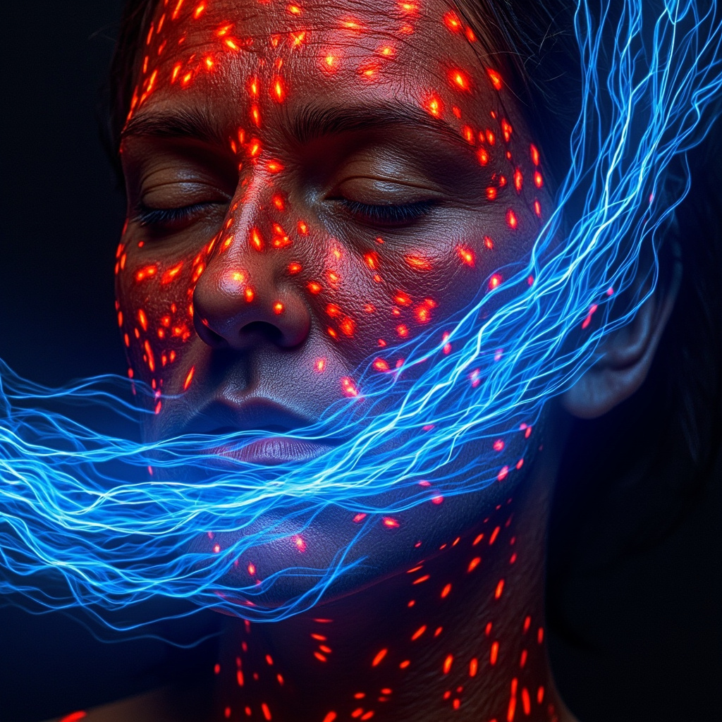 Abstract artwork showing red, itchy hive patterns on human skin morphing into flowing blue energy waves, symbolizing emotional heat transforming into psyche healing and calm