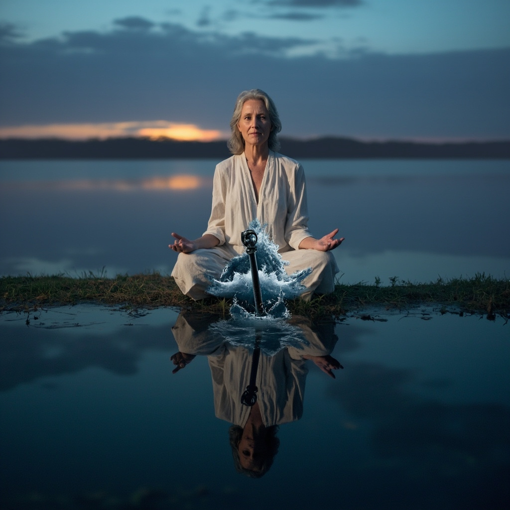 Serene woman in her 50s meditating by a calm lake at dusk, her silhouette mirrored in water showing turbulent waves transforming to a solid anchor, symbolizing emotional balance in menopause.