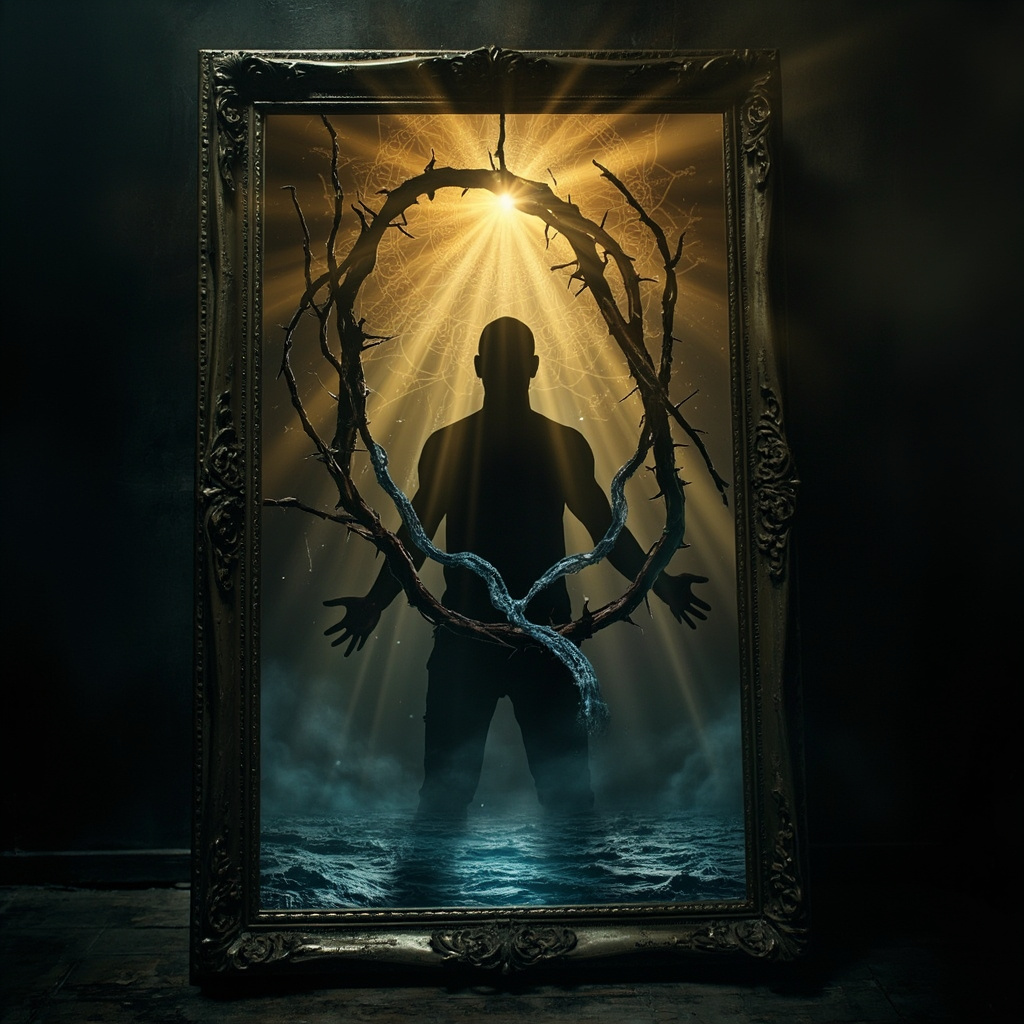 A mystical antique mirror in a dimly lit room, reflecting a human silhouette entangled in dark thorny vines symbolizing anxiety and obsessions, with golden light rays breaking through transforming the vines into flowing rivers of calm, subtle Jungian mandala patterns emerging in the background.