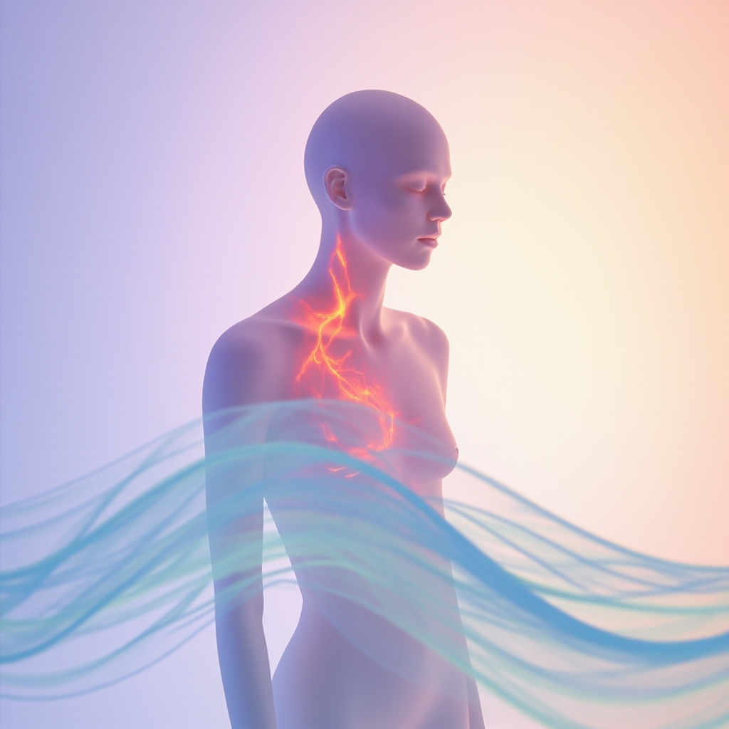 Ethereal human silhouette with soft glowing red welts on skin transforming into calming blue energy waves, symbolizing emotional stress releasing into harmony, minimalist style in pastel tones.