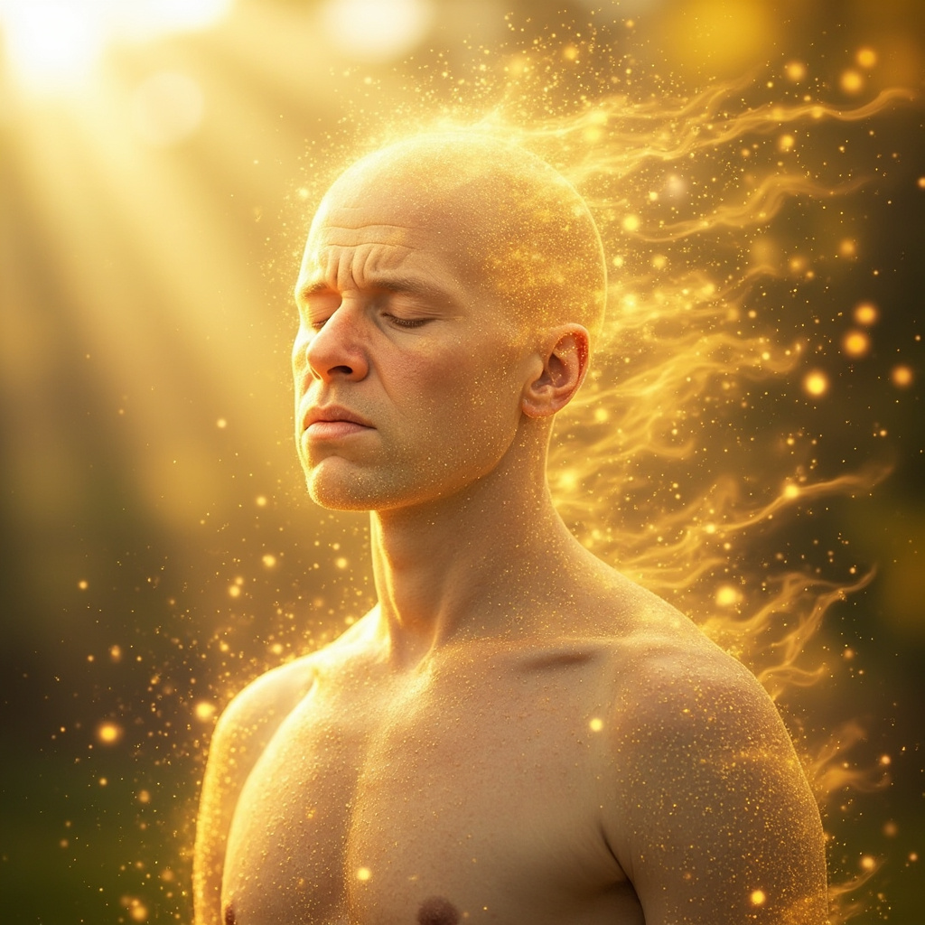 Illustration of a person outdoors with pollen swirling, showing facial congestion and anxious expression transitioning to calm meditation pose with soft glowing frequency waves harmonizing the head, chest, and skin.