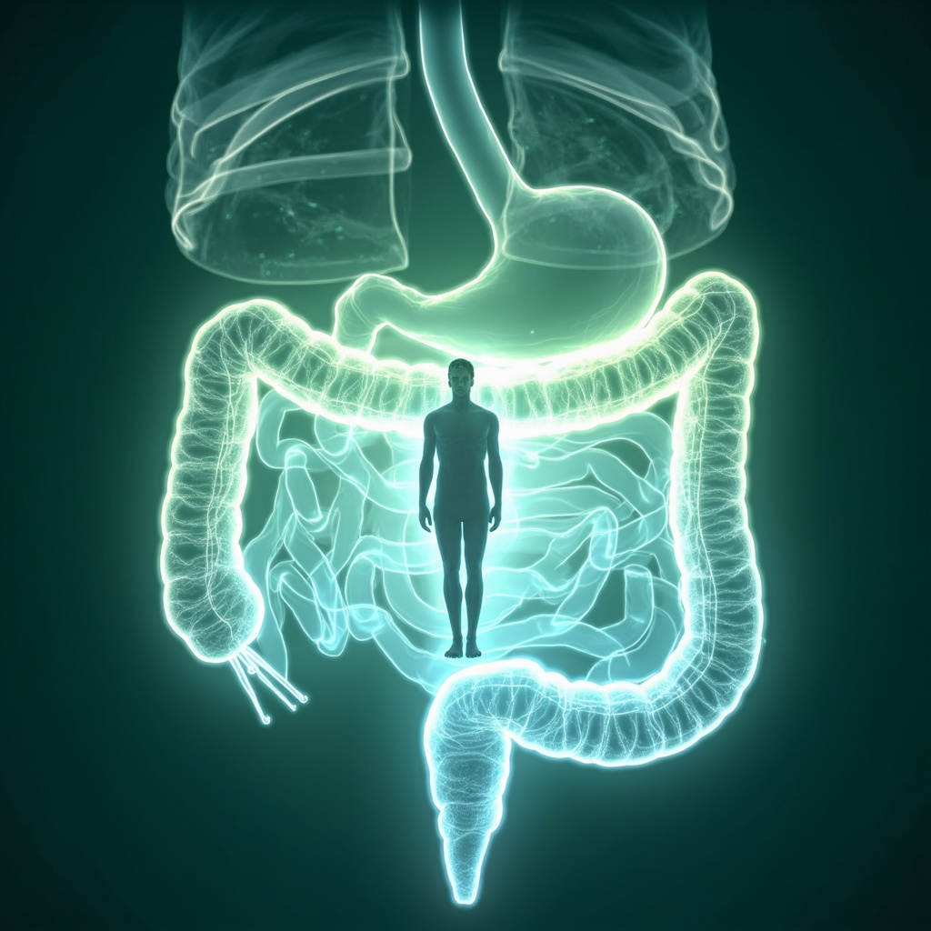 Soft medical illustration of intestines with subtle Giardia parasites, glowing energy waves balancing them, person transitioning from fatigued anxious pose to calm vital one, in calming blues and greens.
