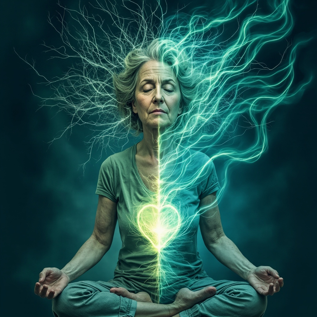 A middle-aged woman transitioning from frustrated expression with swirling chaotic energy around her head and body to serene meditation pose with harmonious glowing waves at acupuncture points like lower back, knees, abdomen, and heart, soft blue and green tones, illustrative style.