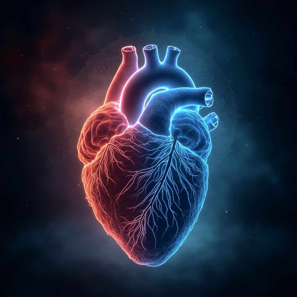 prompt: Ethereal image of a glowing human heart with flowing energy waves transitioning from chaotic red patterns to harmonious blue spirals, subtle Jungian symbols like integrating shadows and a mandala background, soft meditative lighting in calming tones.