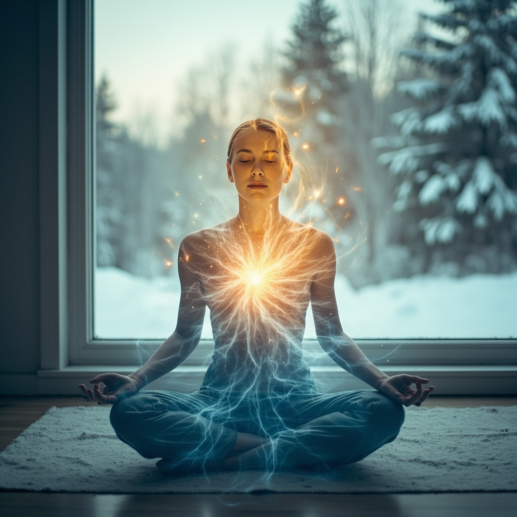 A serene winter landscape outside a window, a person inside meditating with soft glowing energy waves around their body, transitioning from blue tones of sadness to warm golden light of vitality and clarity