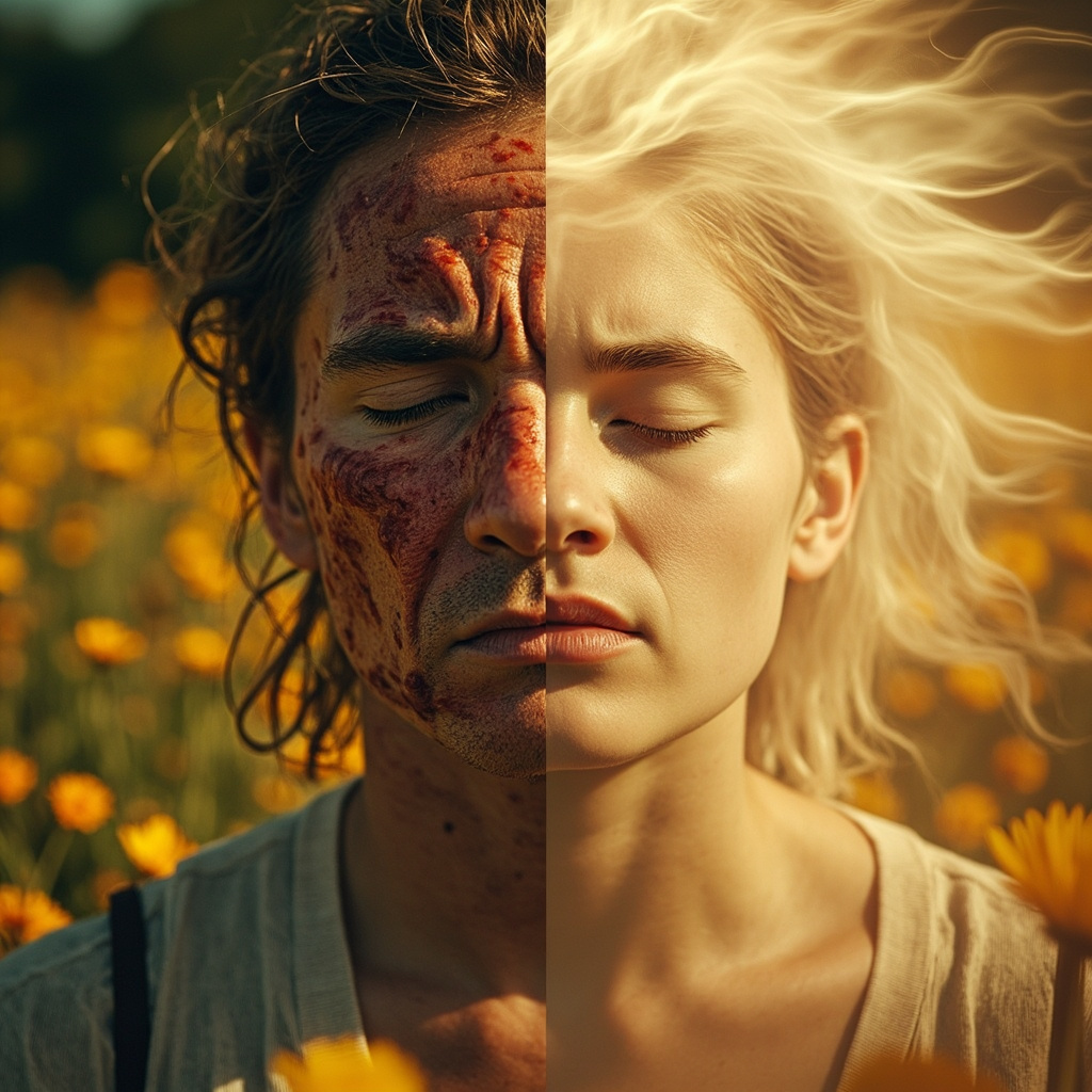 A person in a field of flowers looking anxious with red itchy skin and stuffed nose, transitioning to calm meditation pose with clear skin and relaxed expression, soft glowing energy waves.