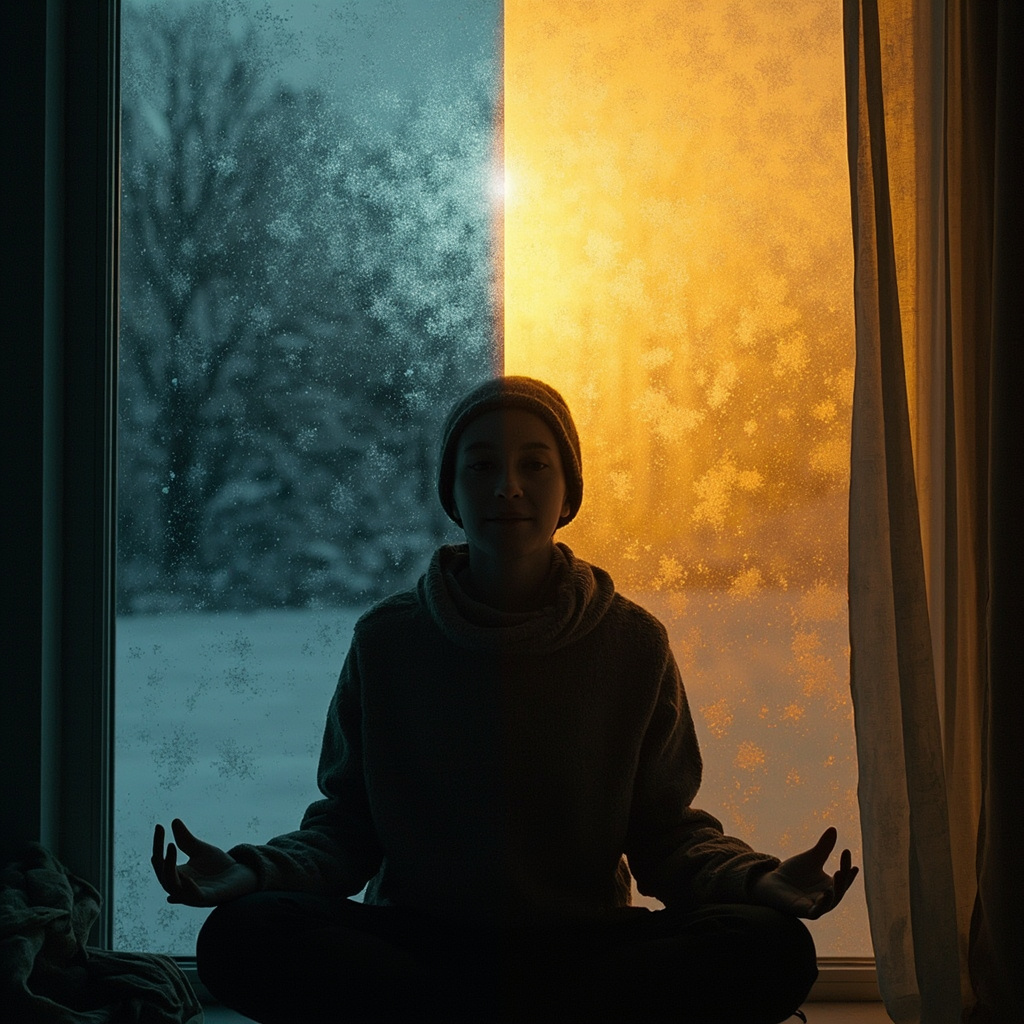 Prompt: Serene winter landscape with a person meditating by a window, transitioning from dim lethargic shadow to bright energetic glow, soft blue tones warming to gold, symbolizing mood uplift from depression.