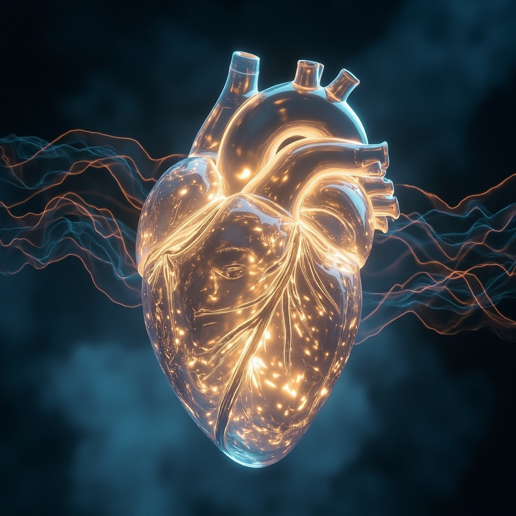 A translucent human heart glowing softly with inner light, its surface like a mirror reflecting serene emotional faces and symbolic waves of calm energy, in soothing blue, gold, and red hues, evoking psyche harmony.