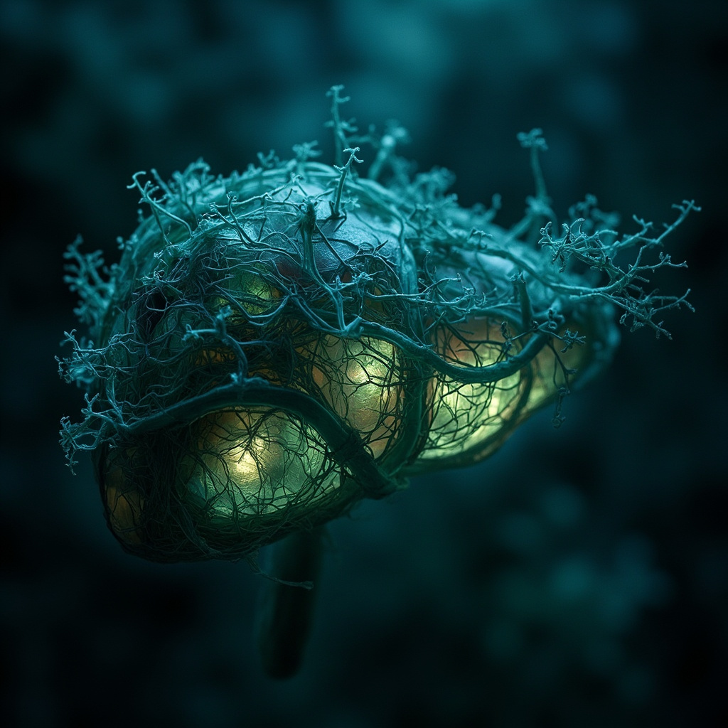 Symbolic artwork of a glowing human liver enveloped by subtle fungal tendrils forming shadowy anxious faces, in ethereal blue and green tones evoking Jungian unconscious depths, soft lighting suggesting healing emergence.
