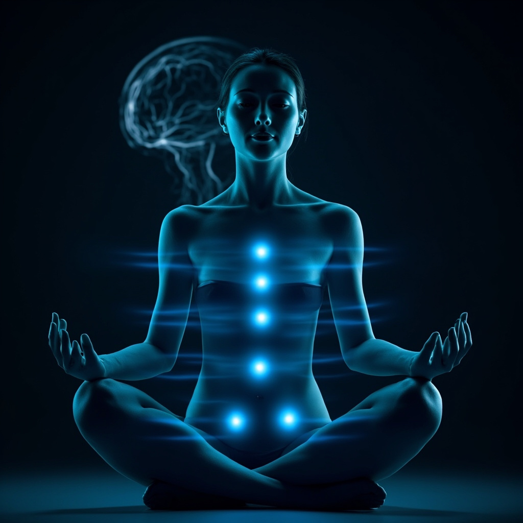 Serene person in lotus pose with glowing acupuncture points SP6 on leg, ST27 abdomen, ST6 jaw, GV24 head, ST25 belly highlighted in soft blue energy waves, calming brain visualization in background, minimalist style