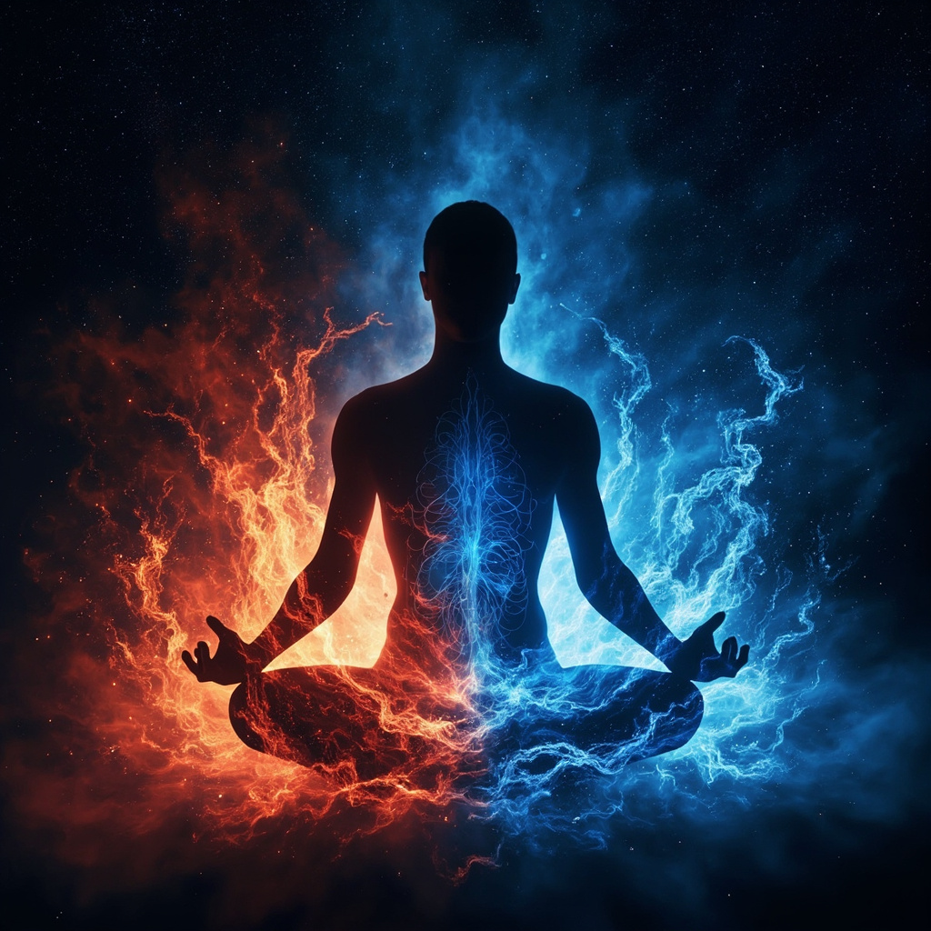 Serene human silhouette with chaotic red energy swirls around lower body calming to blue harmonious waves from heart and kidneys, abstract healing frequencies visualization