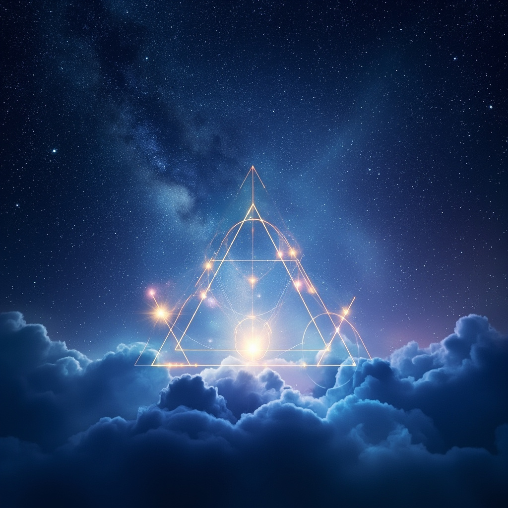 A peaceful, abstract visualization of a calm, starry night sky blending into soft, glowing geometric patterns representing inner harmony and rest.