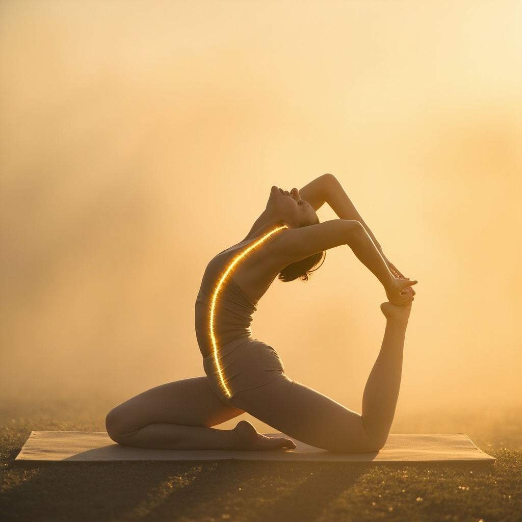 Serene yogi in cobra pose on a mat, with a glowing golden energy line tracing the Governor Vessel pathway from tailbone up the spine to the crown of the head, soft dawn light background, minimalist style.