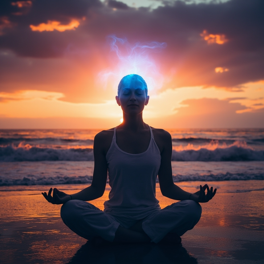 Serene yogi in lotus pose at sunset, soft blue aura glowing around head and heart, calm ocean waves in background, high resolution, peaceful vibe