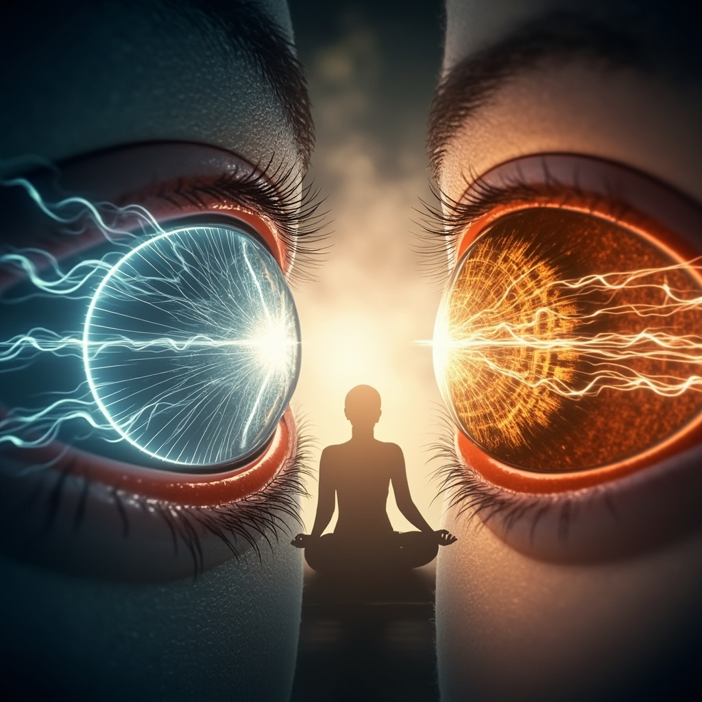 Human eye cross-section: clear lens sharply focusing light rays onto vibrant retina on left, cloudy stressed lens with blurred scattered rays on right, soft glowing energy waves balancing it, serene yoga meditator in background
