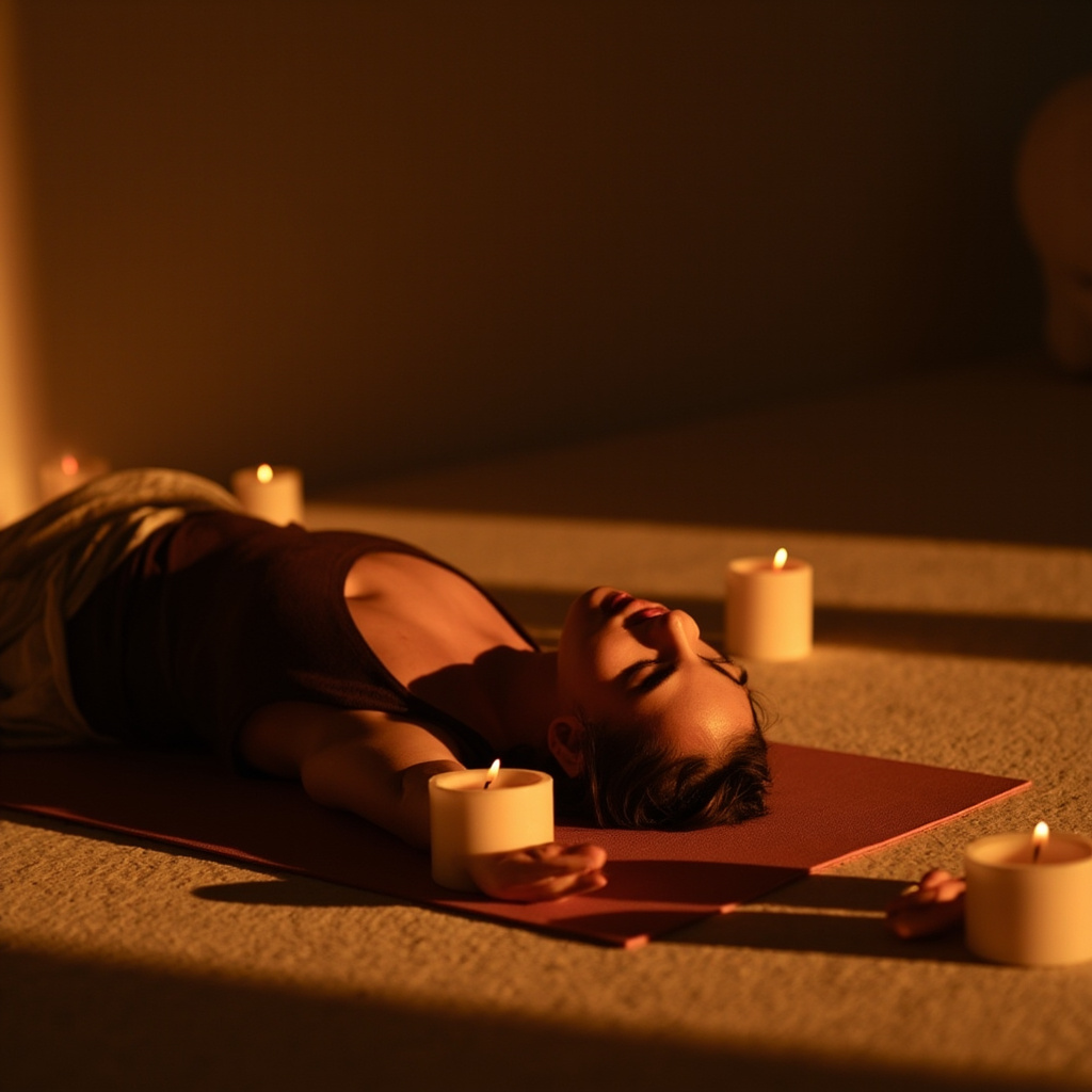 Serene woman in supported bridge yoga pose on a yoga mat in a peaceful room with soft candlelight, evoking hormonal balance and inner calm, warm tones