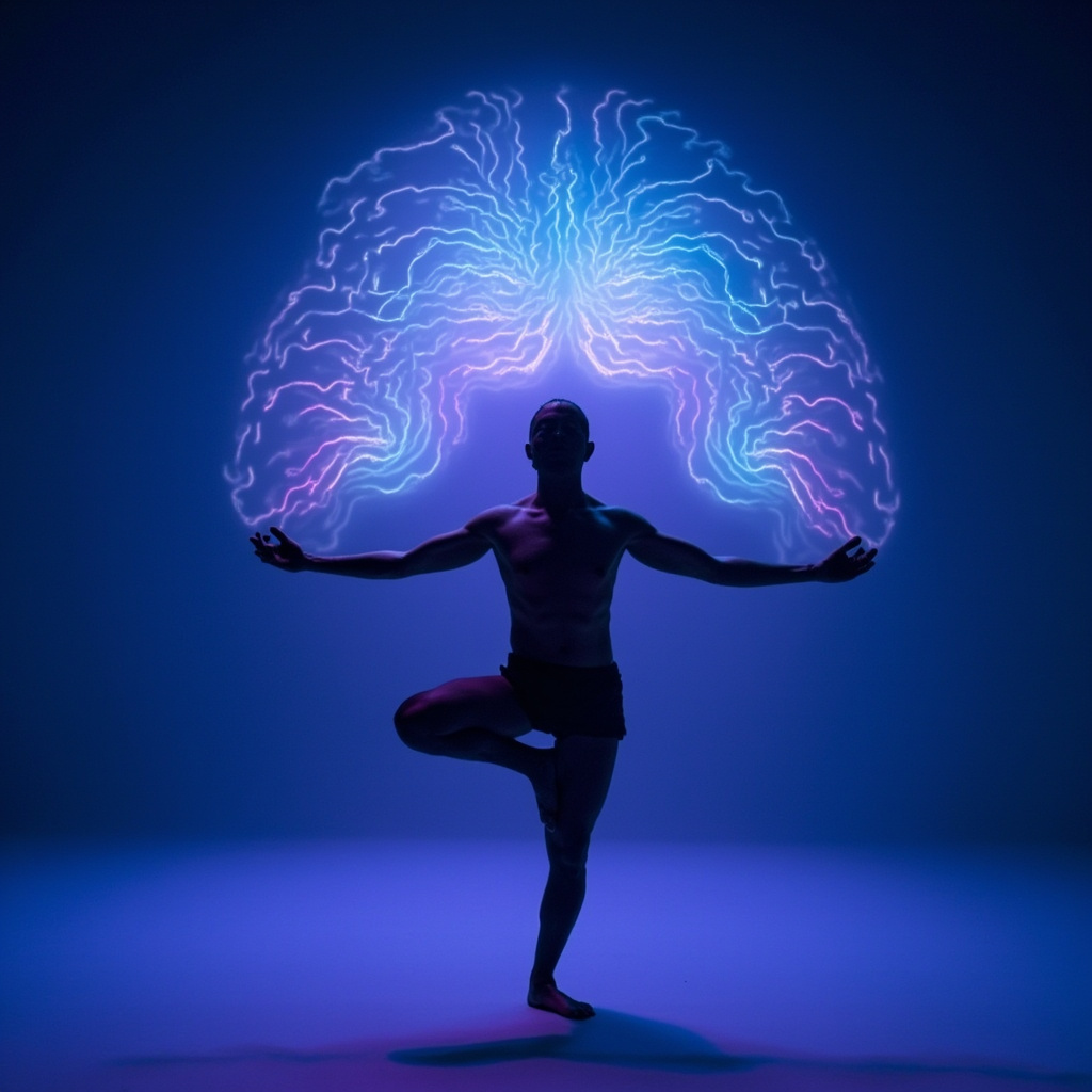 A focused yogi in Eagle Pose with colorful beta brainwaves emanating from the head, symbolizing concentration and mental clarity, in soft blue and purple tones.