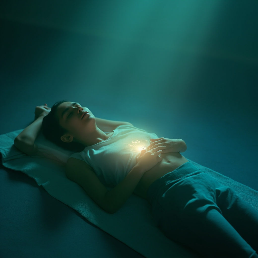 Serene yoga practitioner lying supine practicing diaphragmatic breathing, hands on belly, subtle glow around diaphragm muscle, soft blues and greens for calm and vitality.