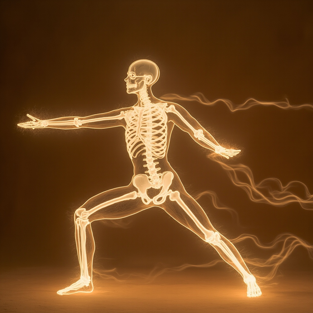 Serene yogi in Warrior II pose emphasizing the right side skeleton glowing softly, with balanced energy flow, in calming earth tones.