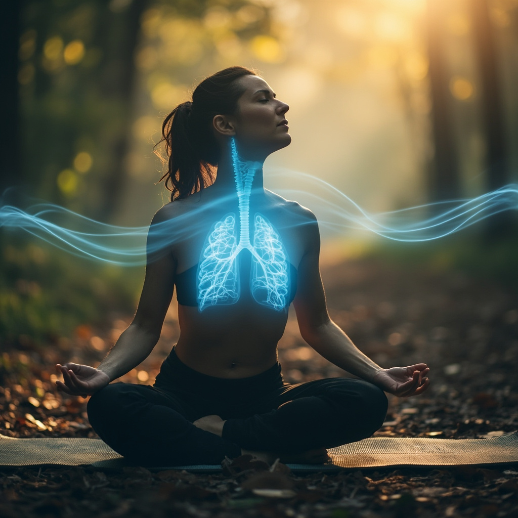 Serene yogi in bridge pose on a mat, with subtle glowing bronchi and lungs highlighted in soft blue light, surrounded by flowing breath waves, calming nature background