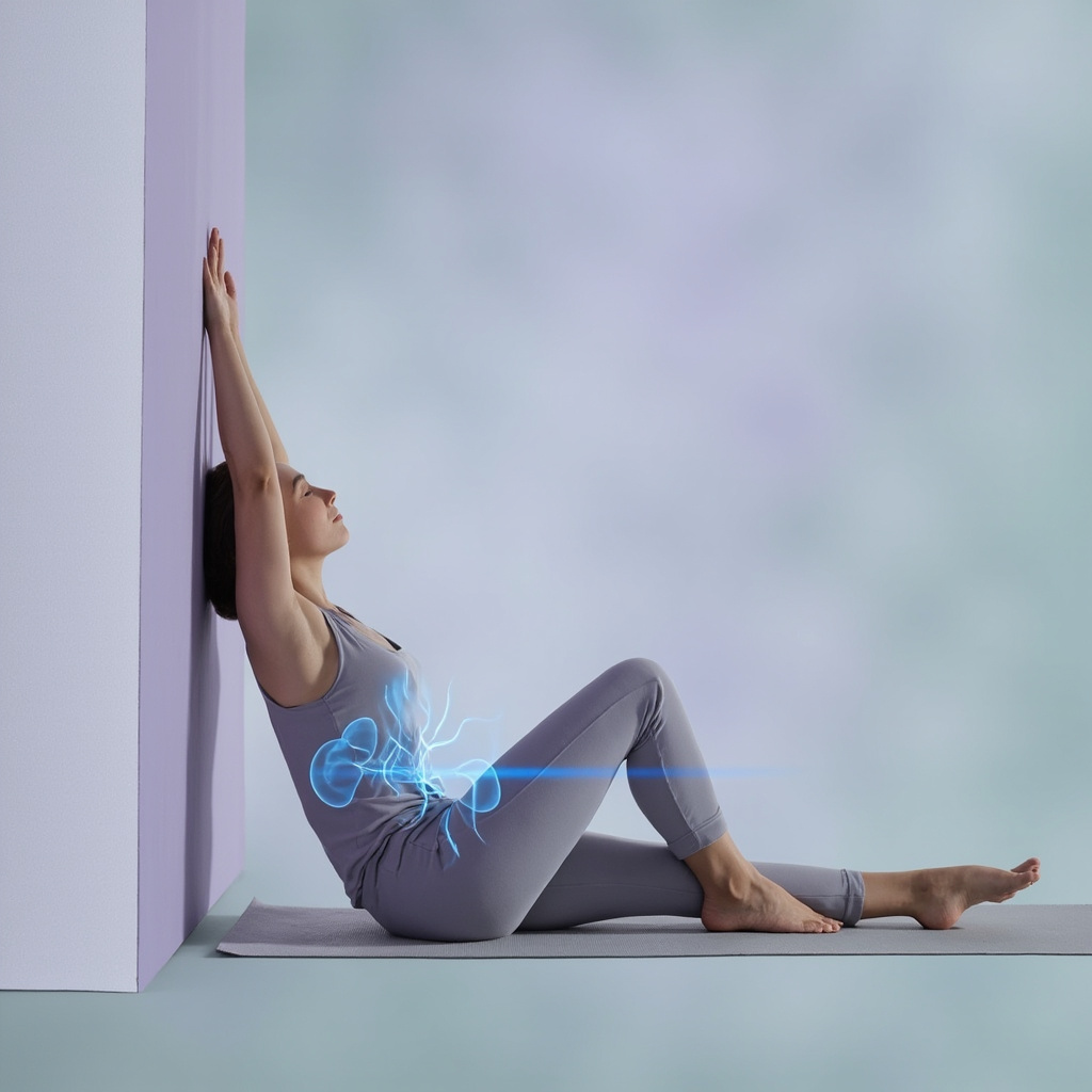 Serene yogi in Legs-Up-the-Wall pose against a wall, with subtle anatomical overlay highlighting adrenal glands on kidneys in soft blue glow, calming pastel background evoking balance and relaxation.