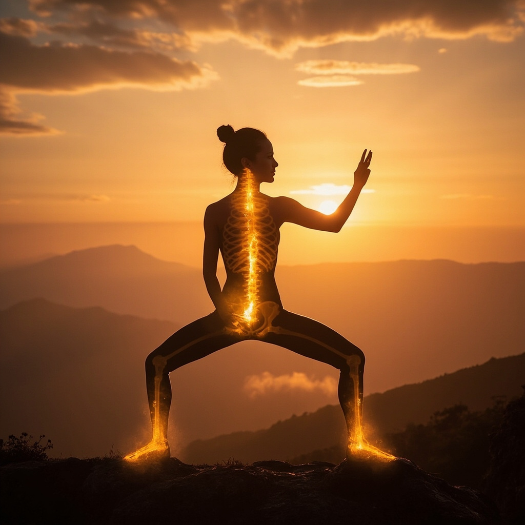 Serene yogi in warrior pose at sunrise, with subtle glowing skeleton outline in warm gold tones highlighting bones and energy flow, peaceful natural background