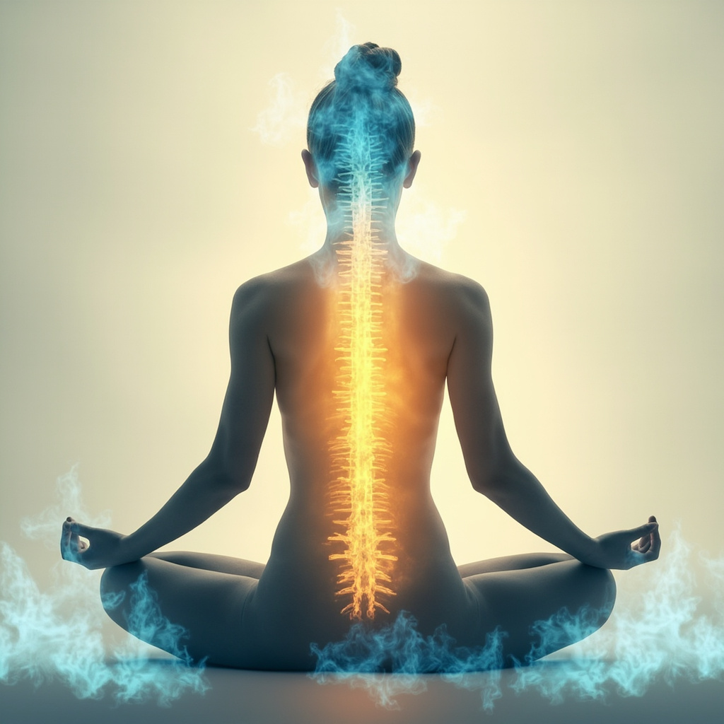 Serene yogi in gentle forward fold pose highlighting glowing golden lumbar spine area with soft blue energy waves emanating from it, calming stress clouds dissolving, minimalist wellness style, high resolution.