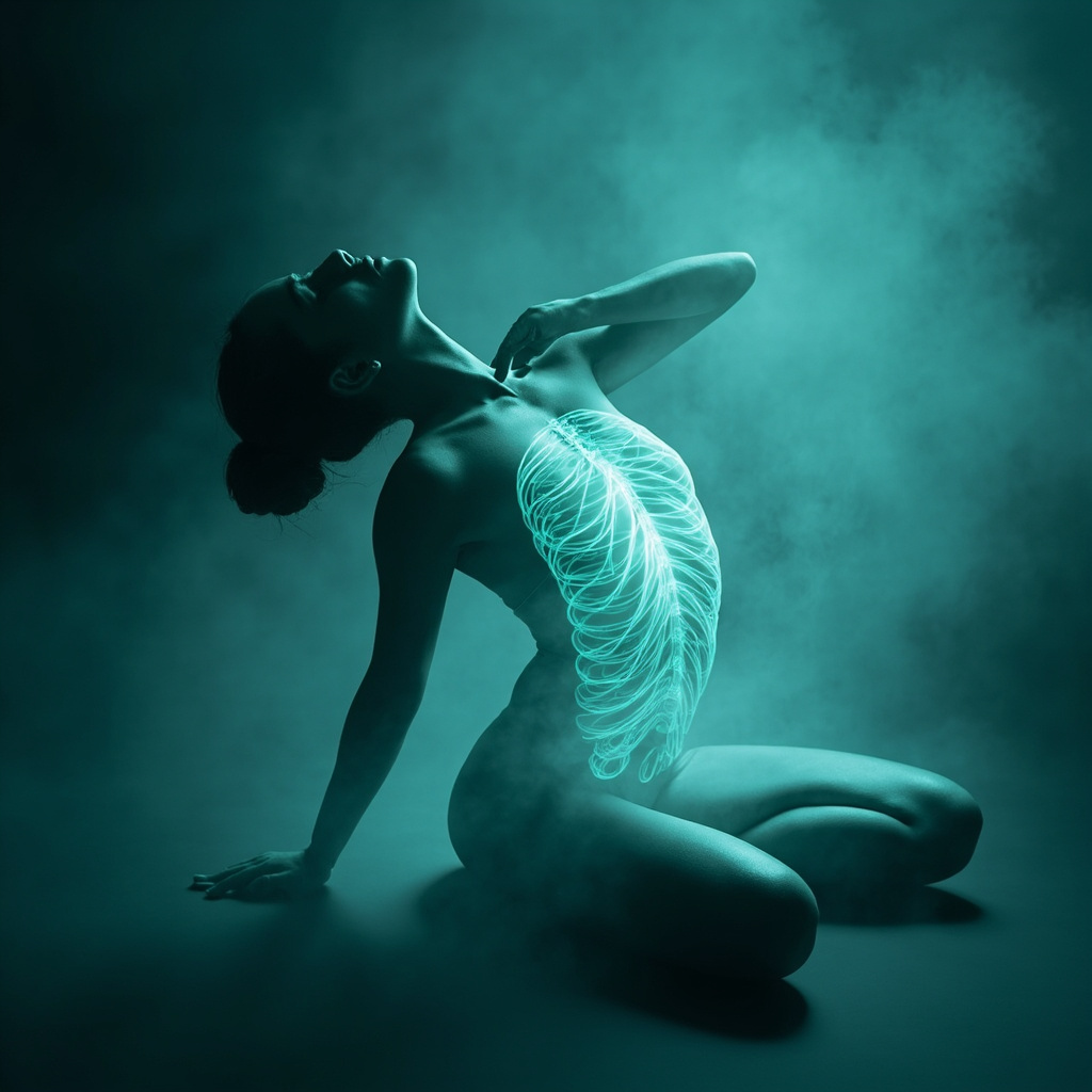 Serene yogi in side bend pose highlighting glowing intercostal muscles between ribs, with soft breathing waves, calm blue and green tones