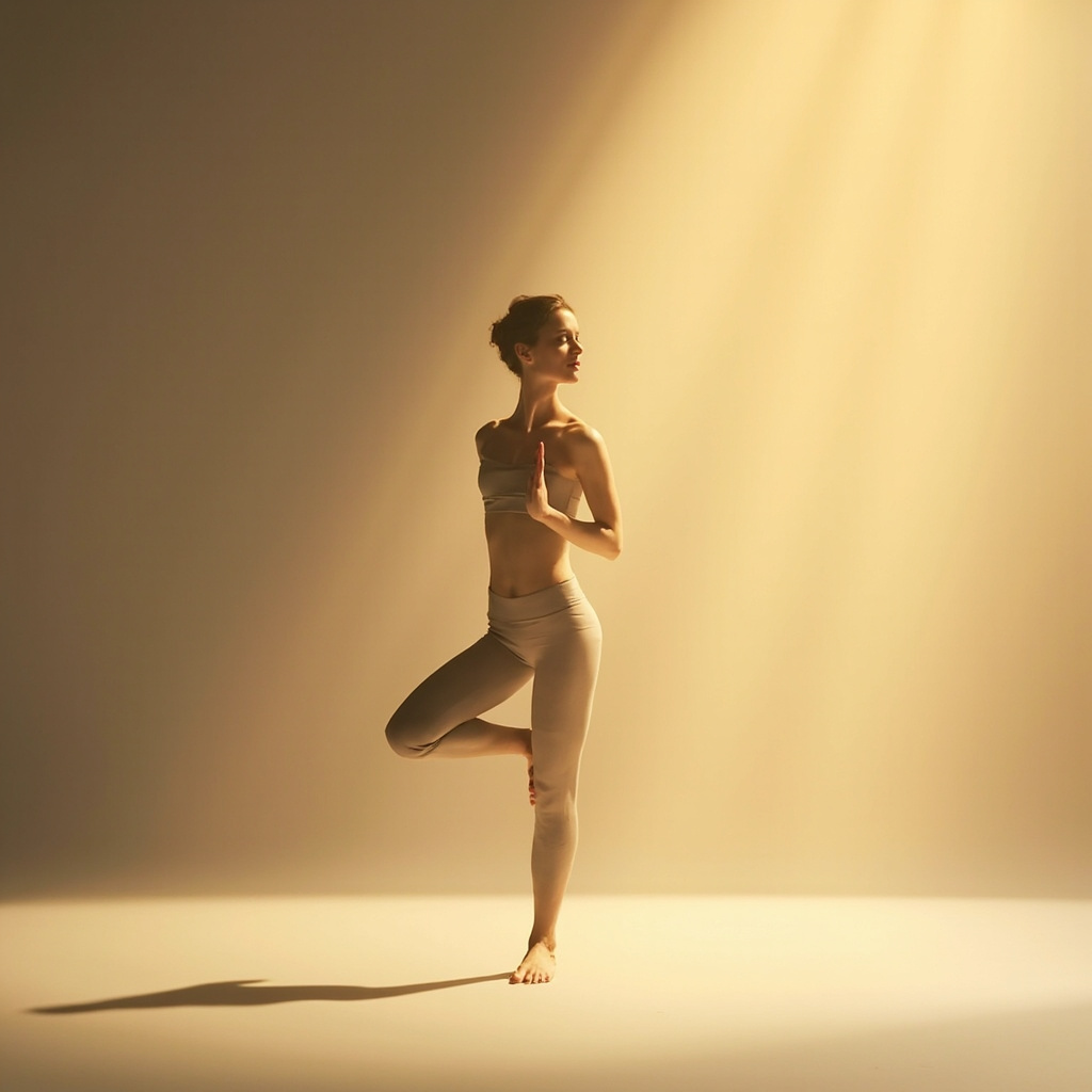 A serene, minimalist image of a person in a grounded yoga pose, like Tadasana, with subtle golden light highlighting the right side of the body to symbolize strength and structural integrity.