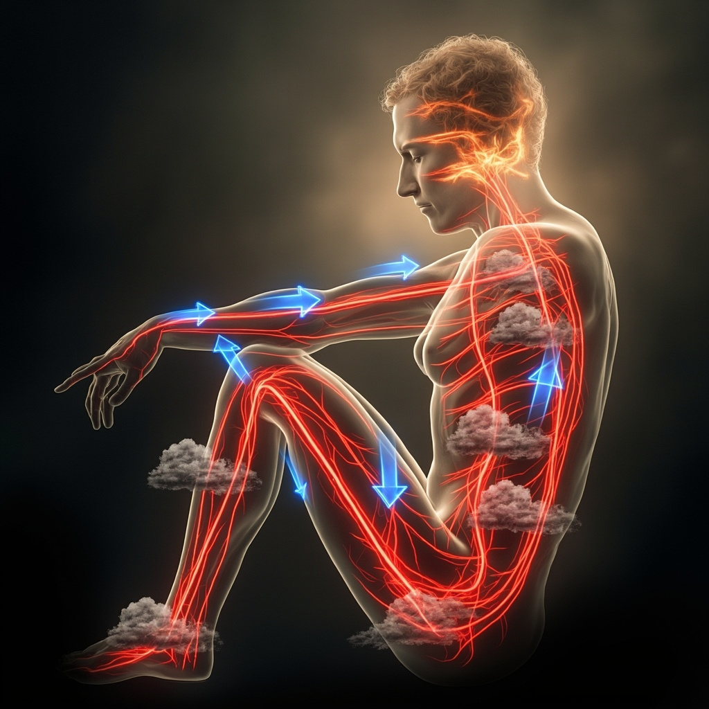 Side view of human body highlighting right leg and arm veins in red, with blue blood flow arrows partially blocked by stress symbols like clenched fists and storm clouds, soft yoga pose overlay for balance