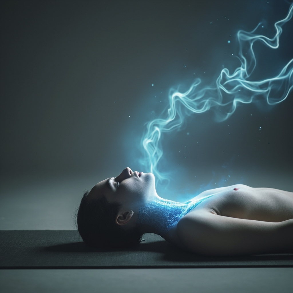 Serene yogi in Fish Pose on a yoga mat, soft glowing light highlighting the throat and trachea area in blue hues, symbolizing open breath and expressive freedom, minimalist background with subtle air flow lines.