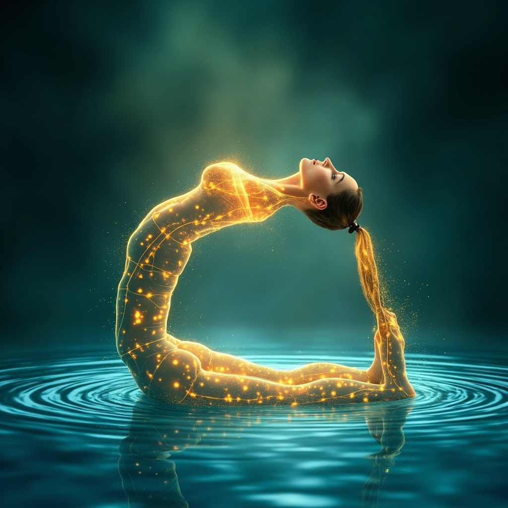 Graceful yogi in Bridge Pose, golden energy lines flowing from heart through body illustrating circulation, ligaments in soft glow, serene blue-green background with water ripple effects