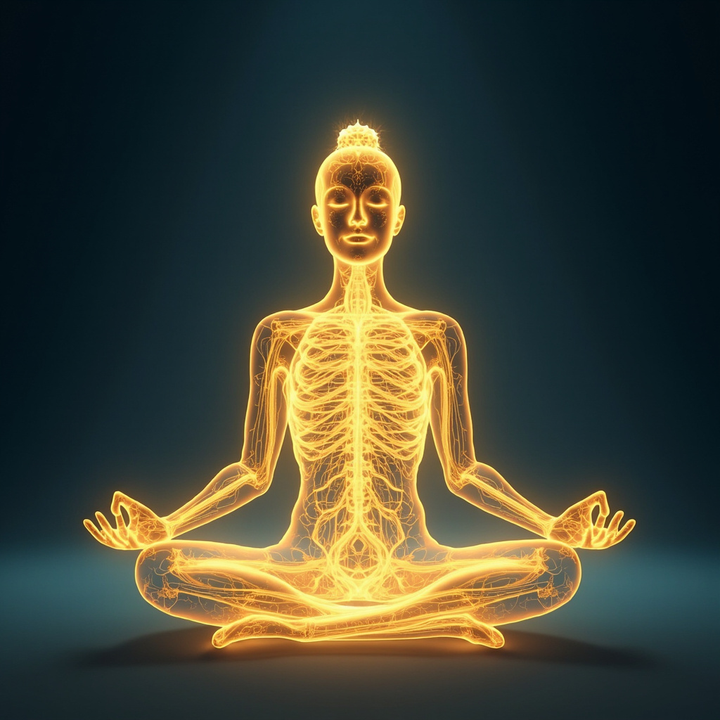 Serene yogi in lotus pose, golden prana energy glowing through nerves and body like electric rivers, calm blue background, high detail illustration