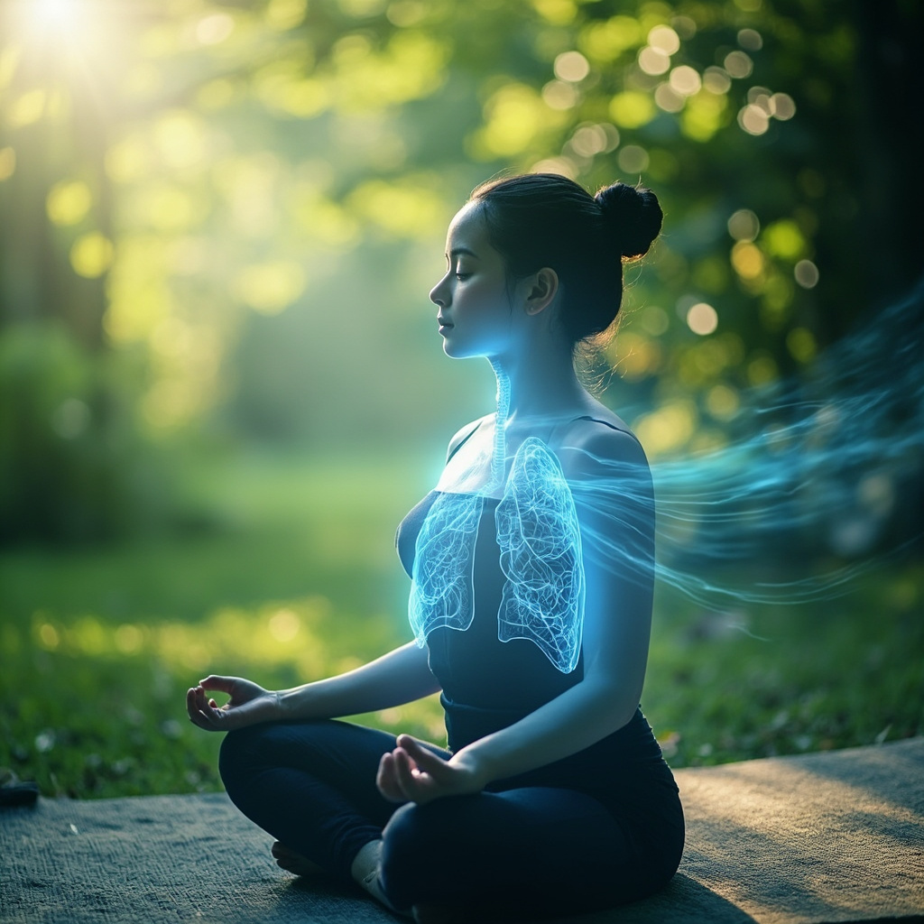 Serene yogi in Cobra Pose on a yoga mat, with subtle glowing bronchi and lungs in soft blue overlay, fresh air waves flowing, calm green nature background, high resolution illustration.
