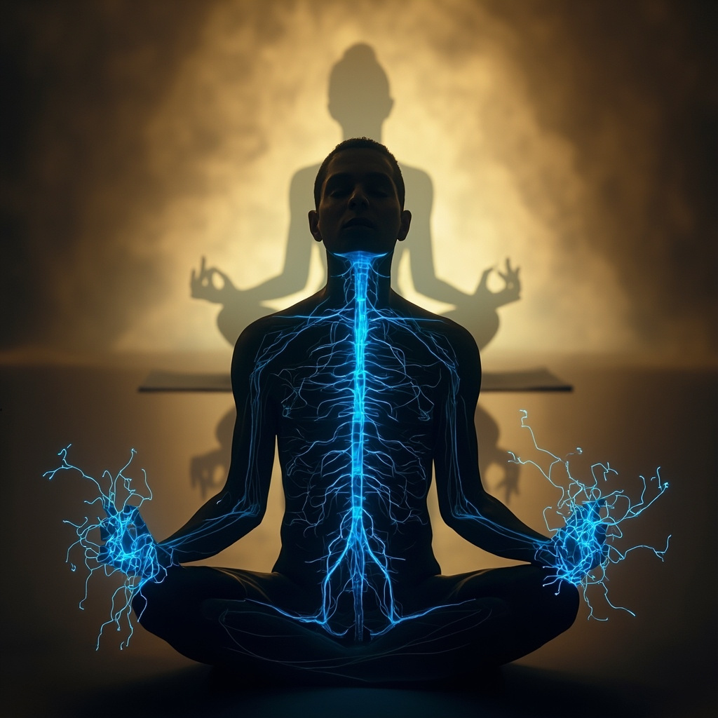 Illustration of a human silhouette with glowing blue peripheral nerves branching from spine to hands and feet, some connections frayed symbolizing emotional isolation, background soft yoga pose in warm light.