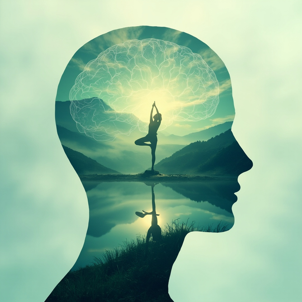 Illustration of the cerebellum highlighted in a human brain silhouette, with a yogi in tree pose on one leg against a serene nature background, using soft blues and greens to evoke balance, coordination, and harmony.