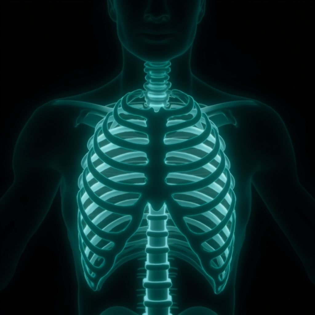 Soft illustration of ribcage with glowing intercostal muscles between ribs, one side tense and constricted, other relaxed and expanding with breath waves, blue and green calming tones, human silhouette breathing deeply.